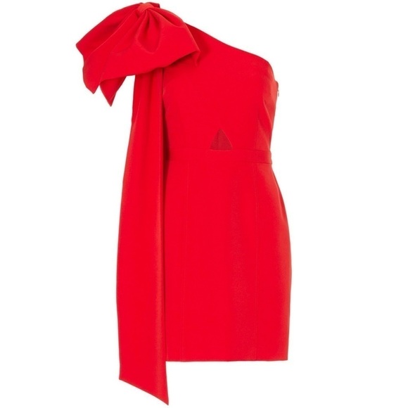 TOCCIN Red Bow‎ Detail One Shoulder Sleeveless Front Cutout Mini Sheath Dress 4 - Picture 7 of 8